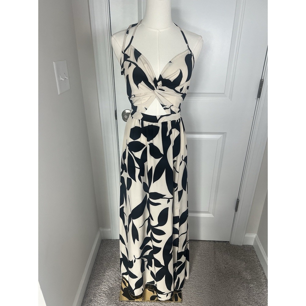 Women's Black Cream Beige Maxi Halter Cut Out Dress Resortwear Vacation Size 6